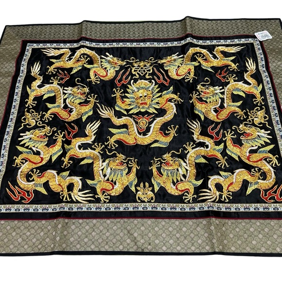 Dun Huang Chinese Satin Embroidered Piece Dragon Gold Red 30" x 24" NWT - Picture 2 of 8
